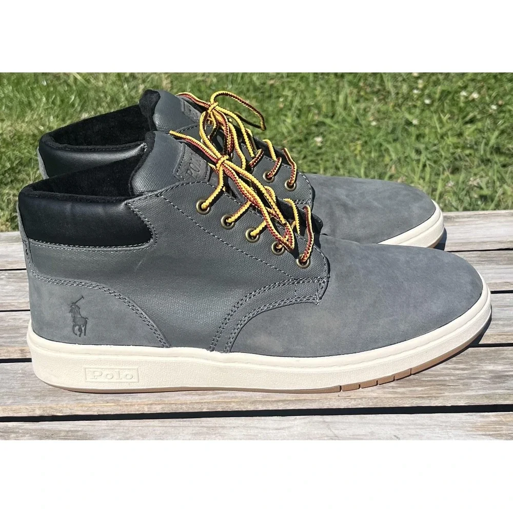 Polo Ralph Lauren Shoes Mens Size 9‎ Gray Sneaker Boot Leather Mid Top BO-LCB